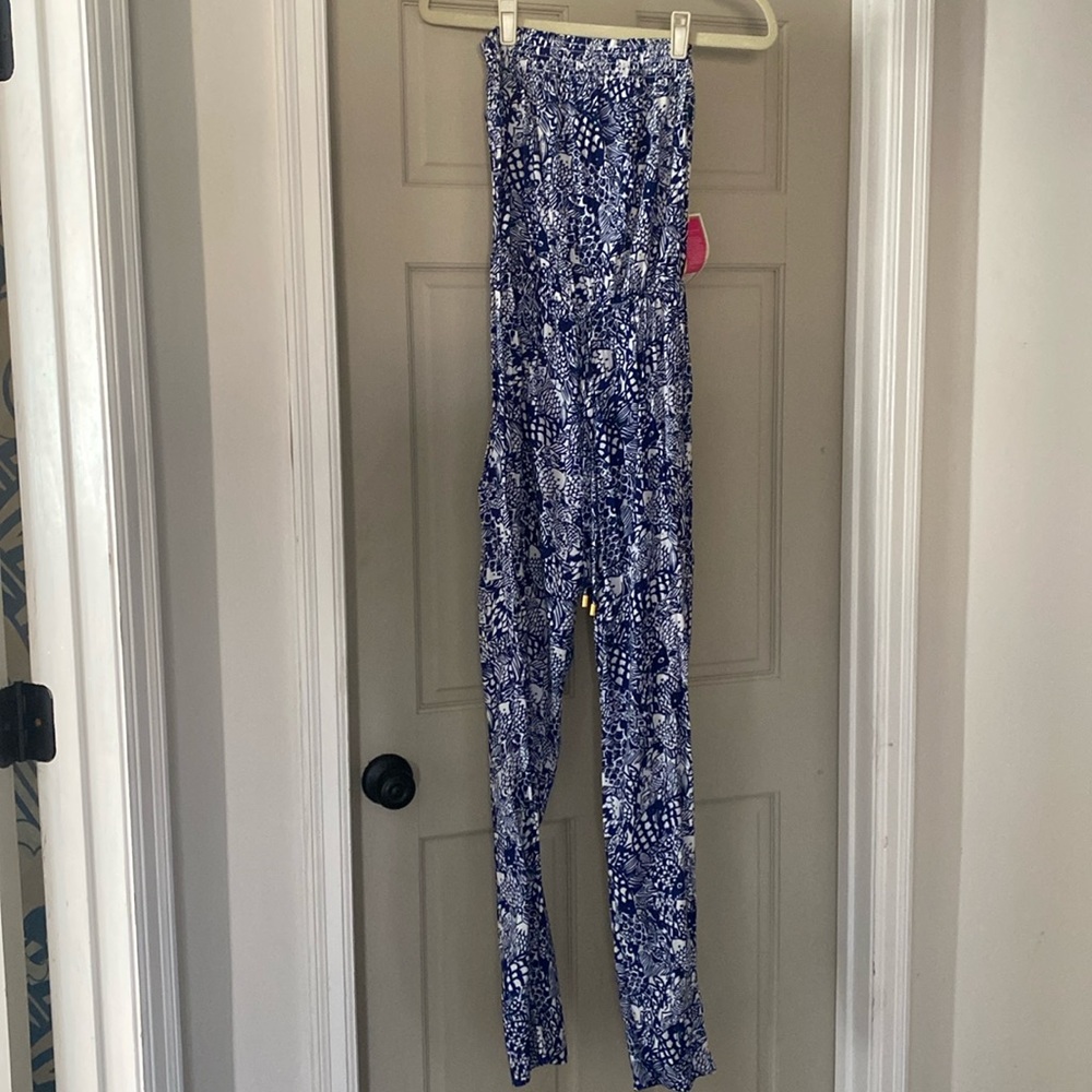 Strapless, tie at waist, blue and white pattern, size small